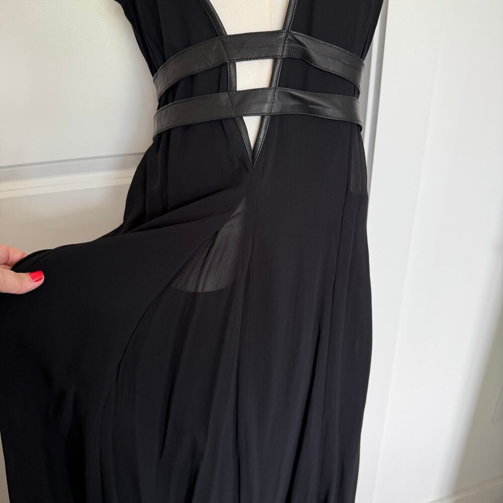 Nicholas K XL NWT Rhine Dress Leather Trim Plunge Georgette Maxi Gown Black - Picture 4 of 12